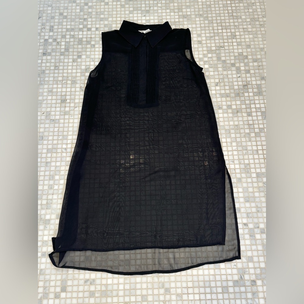 Black Sleeveless Sheer Long Shirt with Collar